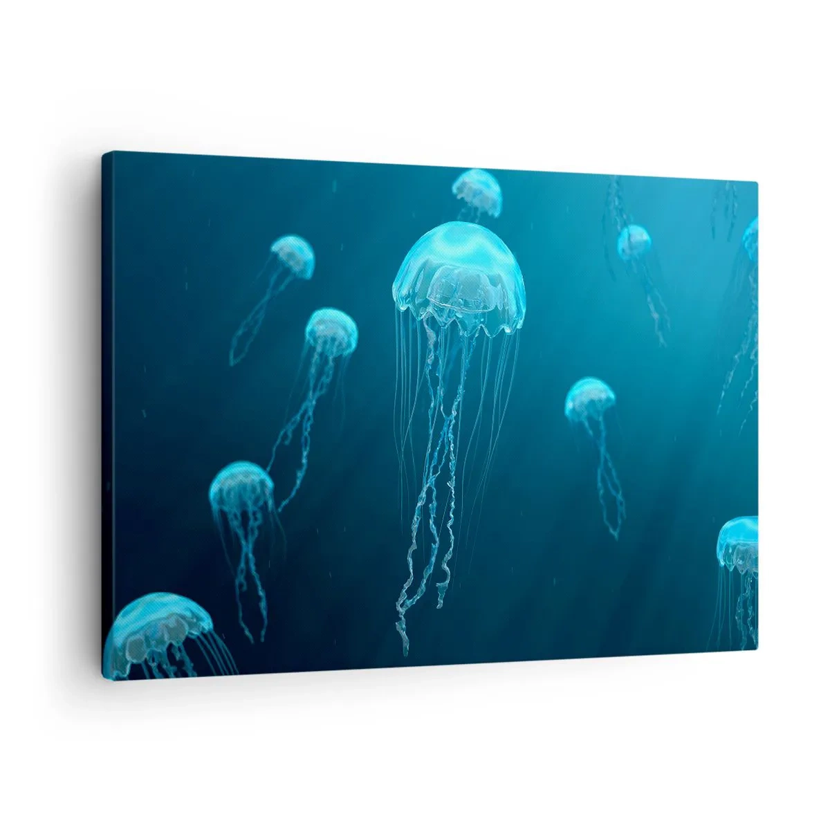 Impression sur toile - Image sur toile - Méduses flottant dans les profondeurs de l'océan dans des tons bleus - 70x50cm - Danse océanique - Décoration murale moderne pour le salon et la chambre ARTTOR