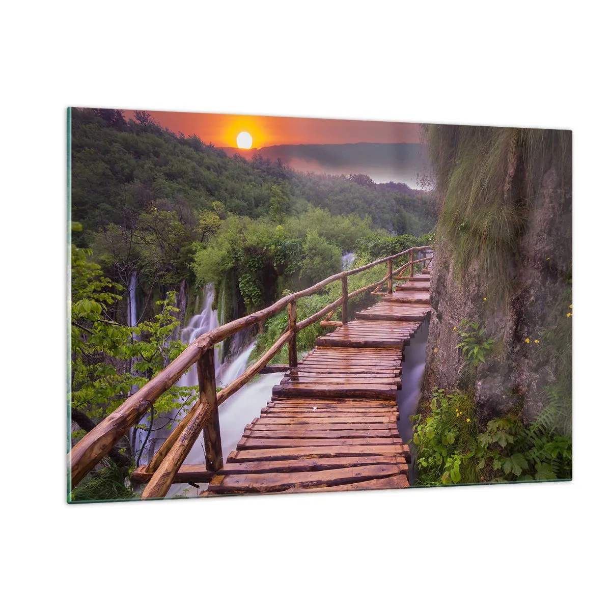 Impression sur verre - Image sur verre - Un chemin en bois parmi la verdure au coucher du soleil - 120x80cm - La beauté au-delà de la croyance - Décoration murale moderne pour le salon et la chambre ARTTOR