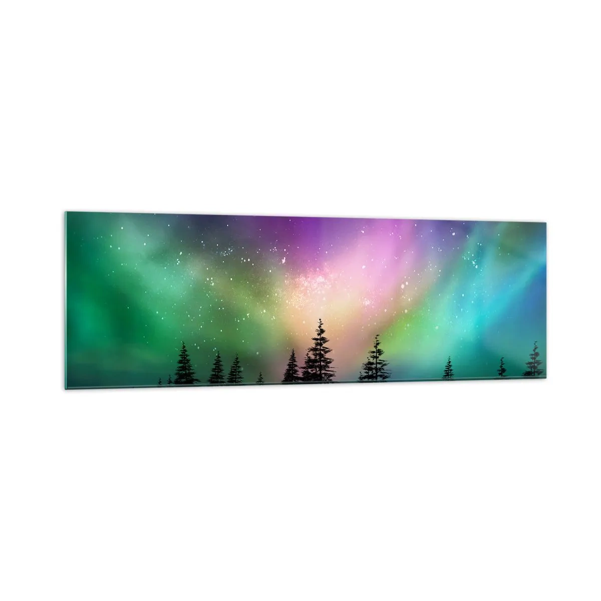 Impression sur verre - Image sur verre - Aurore boréale au-dessus d'une forêt avec un ciel étoilé - 160x50cm - Magie blanche - Décoration murale moderne pour le salon et la chambre ARTTOR