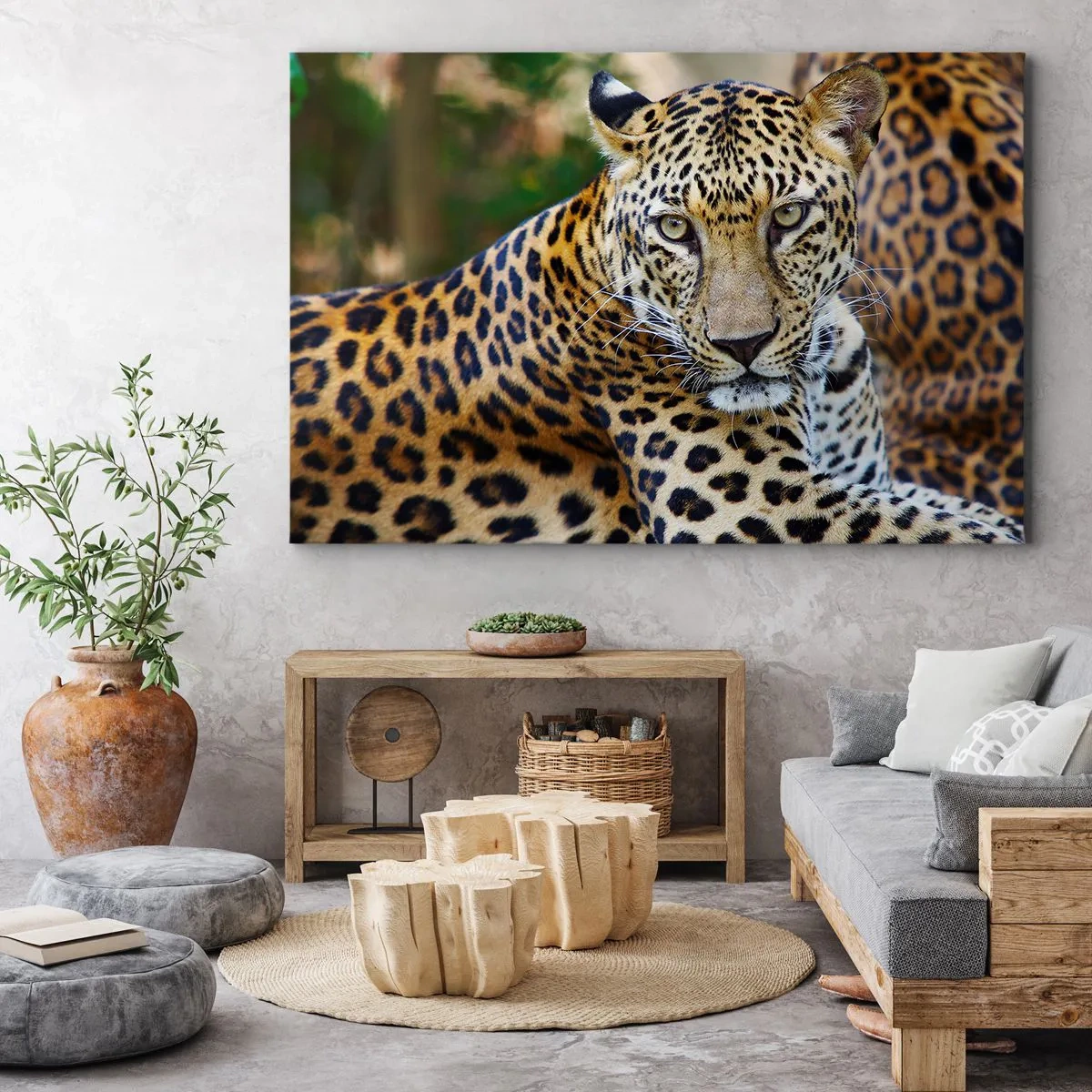 Impression sur toile - Image sur toile - Jaguar au repos dans un environnement naturel avec un fond vert. - 120x80cm - Sauvage et calme - Décoration murale moderne pour le salon et la chambre ARTTOR