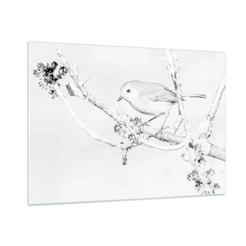 Impression sur verre - Image sur verre - Un oiseau perché sur une branche dans une scène hivernale monochrome. - 100x70cm - Matin d'hiver - Décoration murale moderne pour le salon et la chambre ARTTOR