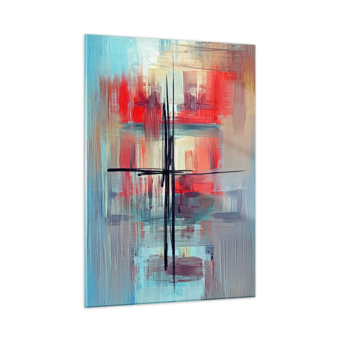 Impression sur verre - Image sur verre - Une abstraction colorée avec du rouge et du bleu, inspirée d'un paysage. - 50x70cm - Un paysage dans une dimension inconnue - Décoration murale moderne pour le salon et la chambre ARTTOR
