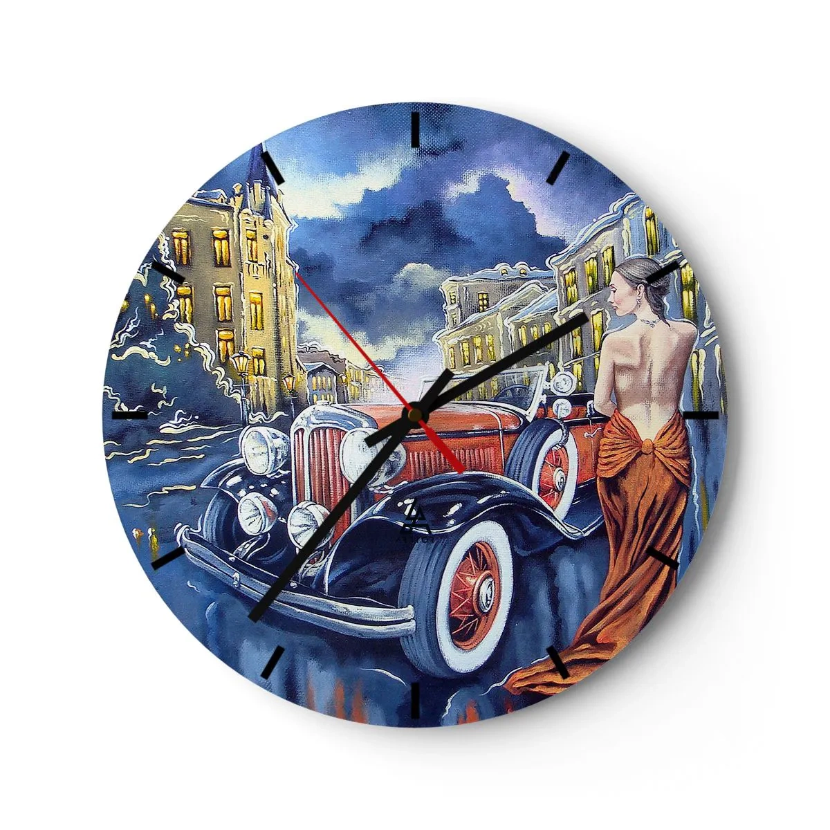 Horloge murale - Pendule murale - Nocturne en bleu et corail - 40x40 cm