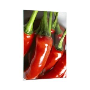 Impression sur verre - Image sur verre - Gros plan de piments rouges avec des tiges vertes - 70x100cm - Juteux, brillant, lisse - Décoration murale moderne pour le salon et la chambre ARTTOR
