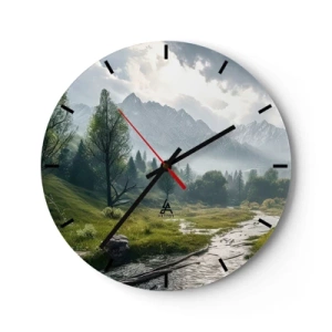 Horloge murale - Pendule murale - Paysage de montagne avec une rivière et des arbres le matin - 30x30cm - Aller et retour - Décoration murale moderne pour le salon, la cuisine et la chambre ARTTOR