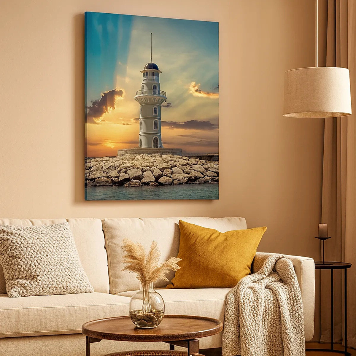 Impression sur toile - Image sur toile - Un phare au coucher du soleil contre le ciel - 50x70cm - Lumière - Bonté - Beauté - Décoration murale moderne pour le salon et la chambre ARTTOR