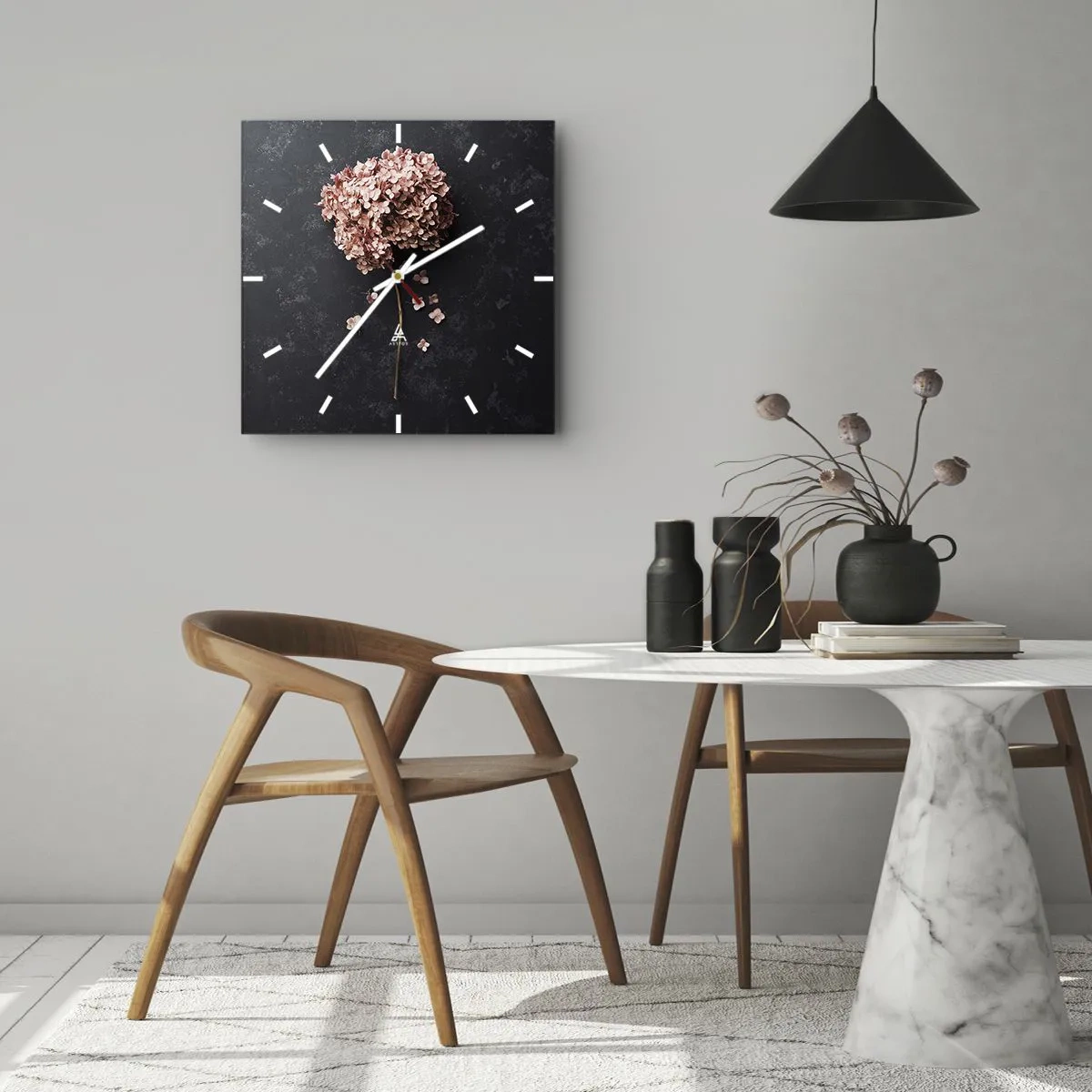 Horloge murale - Pendule murale - Une délicate fleur d'hortensia sur un fond sombre - 30x30cm - Un signe vraiment romantique - Décoration murale moderne pour le salon et la chambre ARTTOR