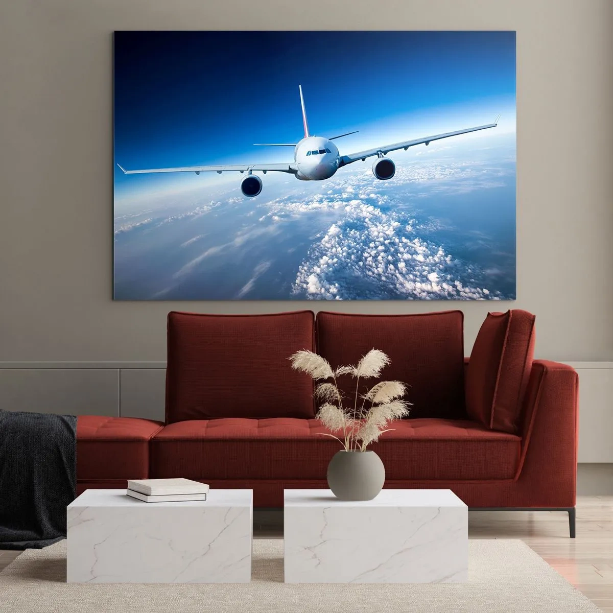 Impression sur verre - Image sur verre - Un avion de ligne contre un ciel bleu et des nuages - 70x50cm - Je vole parce que je le veux - Décoration murale moderne pour le salon et la chambre ARTTOR