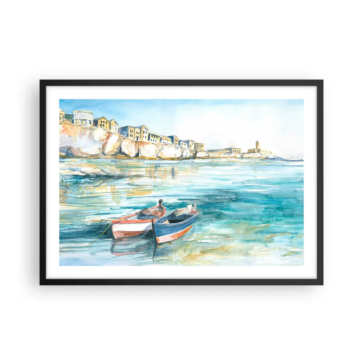 Affiche dans un cadre noir - Poster - Un paysage balnéaire pittoresque avec des bateaux sur l'eau - 70x50cm - Paysage dans l'azur - Décoration murale moderne pour le salon et la chambre ARTTOR