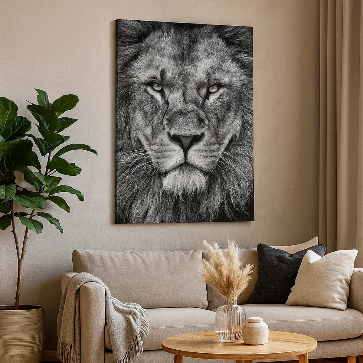 Impression sur toile - Image sur toile - Portrait d'un lion majestueux en noir et blanc - 50x70cm - En vêtement de sacre - Décoration murale moderne pour le salon et la chambre ARTTOR