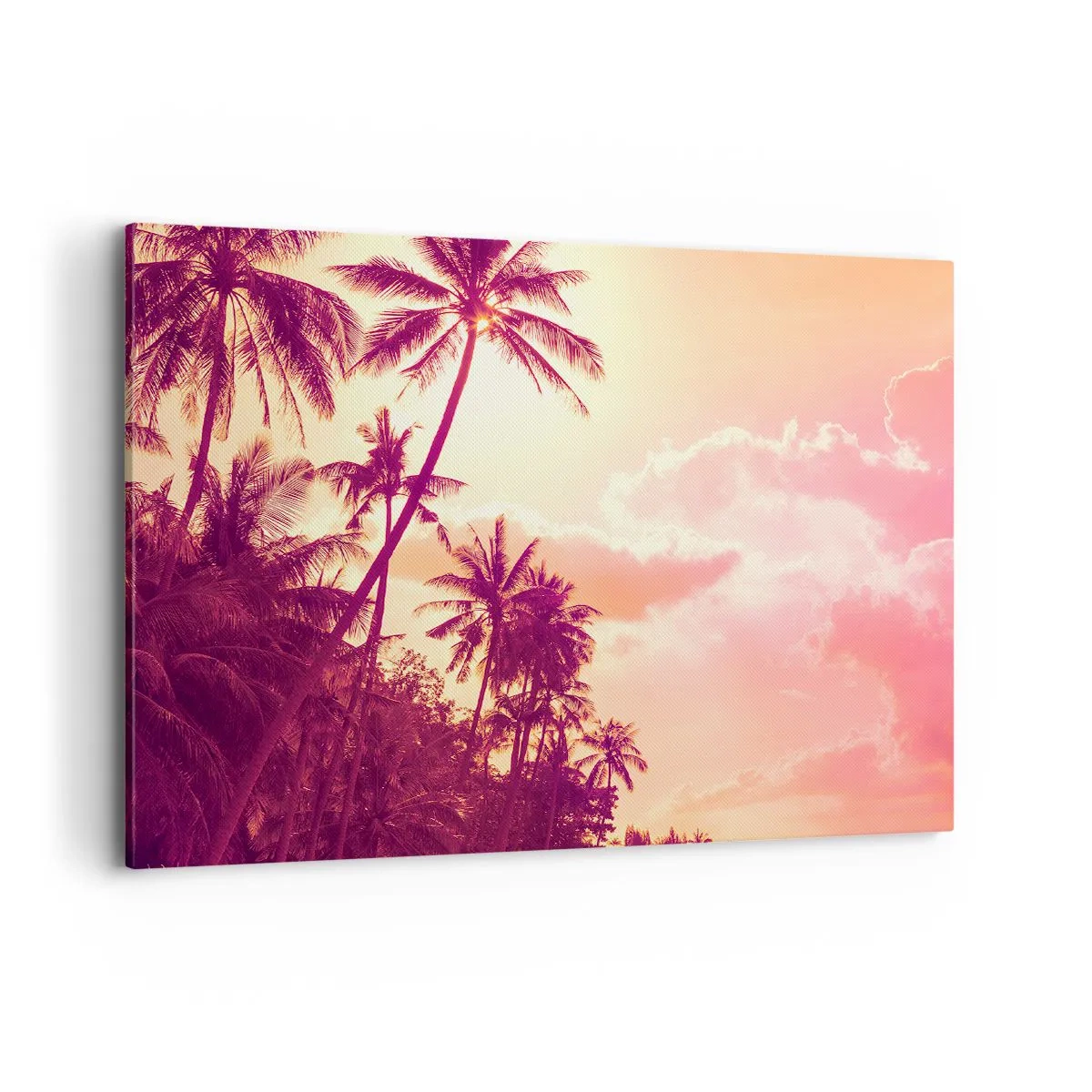 Impression sur toile - Image sur toile - Palmiers illuminés par le soleil couchant dans un ciel tropical - 100x70cm - Tu dois choisir - Décoration murale moderne pour le salon et la chambre ARTTOR