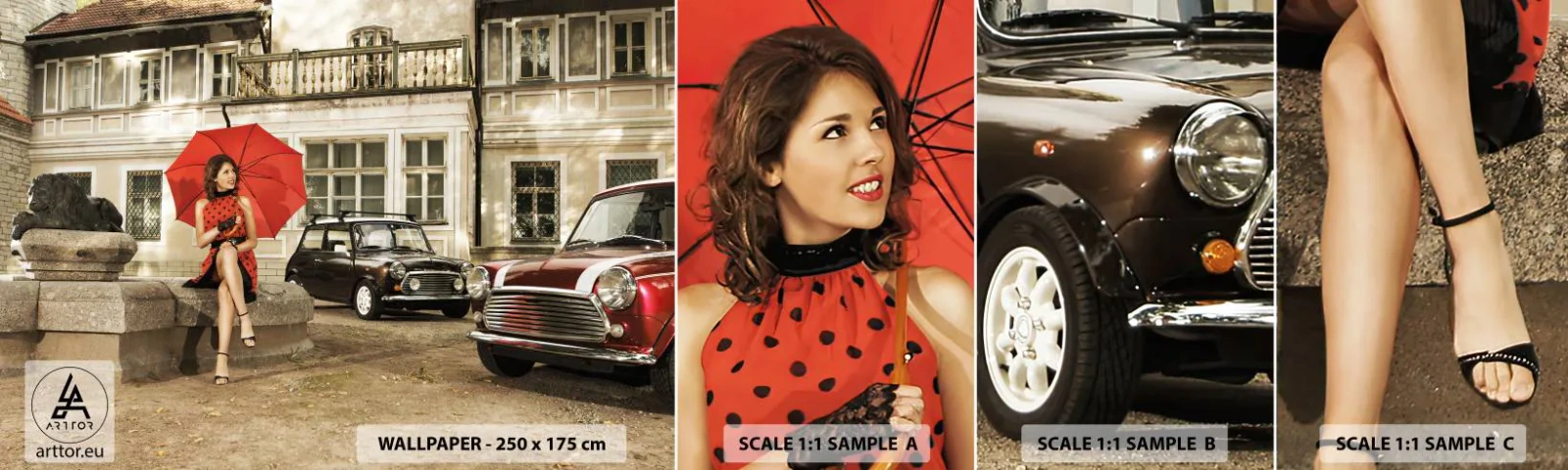 Échantillon de Papier Peint Autocollant Deluxe Sticker - Un mini-voyage sentimental - Femme, Architecture, Voiture - 100x30 cm