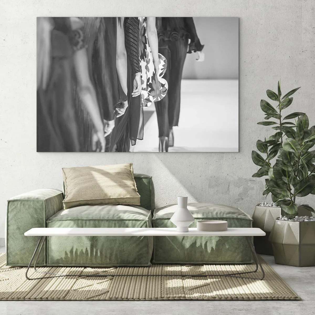 Impression sur verre - Image sur verre - Une scène en noir et blanc d'un défilé de mode avec des mannequins sur le podium. - 100x70cm - Un défilé stylé - Décoration murale moderne pour le salon et la chambre ARTTOR