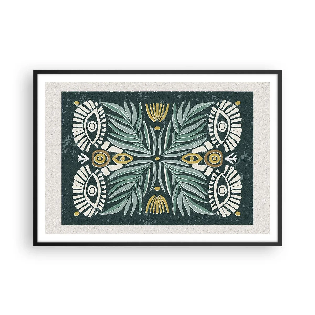 Affiche dans un cadre noir - Poster - Motif végétal symétrique sur fond vert - 100x70cm - Comme une découpe folklorique - Décoration murale moderne pour le salon et la chambre ARTTOR