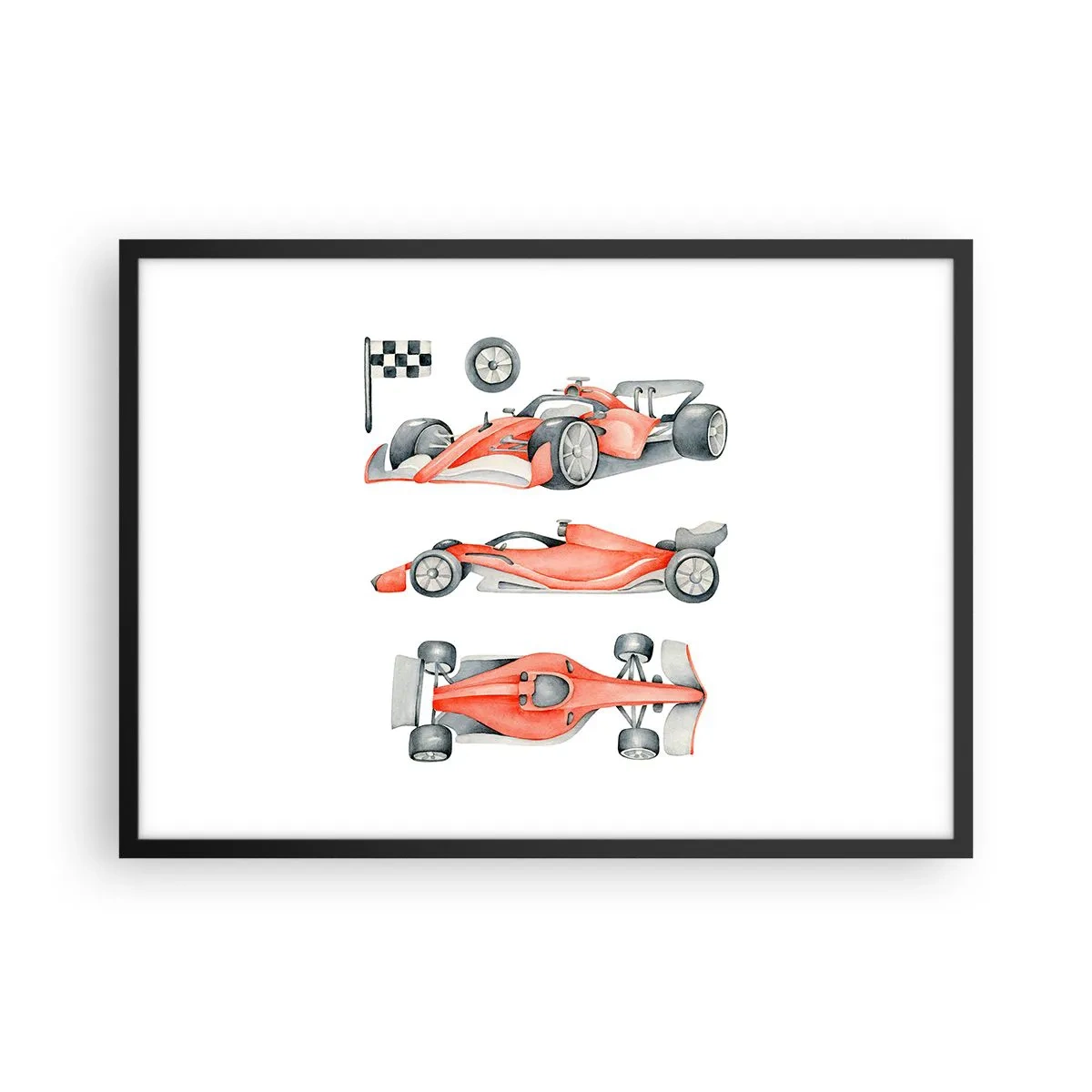 Affiche dans un cadre noir - Poster - Une voiture de course rouge avec un drapeau à damier - 70x50cm - poursuis ton rêve - Décoration murale moderne pour le salon et la chambre ARTTOR