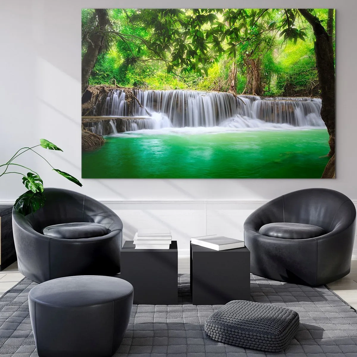 Impression sur verre - Image sur verre - Une cascade dans une forêt tropicale avec une eau cristalline - 100x70cm - Une cascade de vert - Décoration murale moderne pour le salon et la chambre ARTTOR