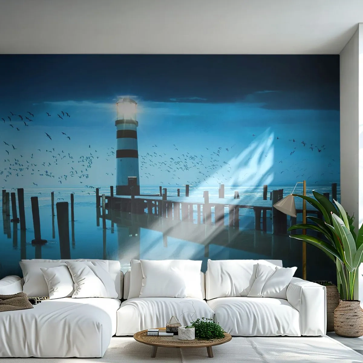 Papier Peint Photo Standard Eco - Et tu n'as pas peur du noir - Paysage, Phare, Pont de bois - 250x175 cm