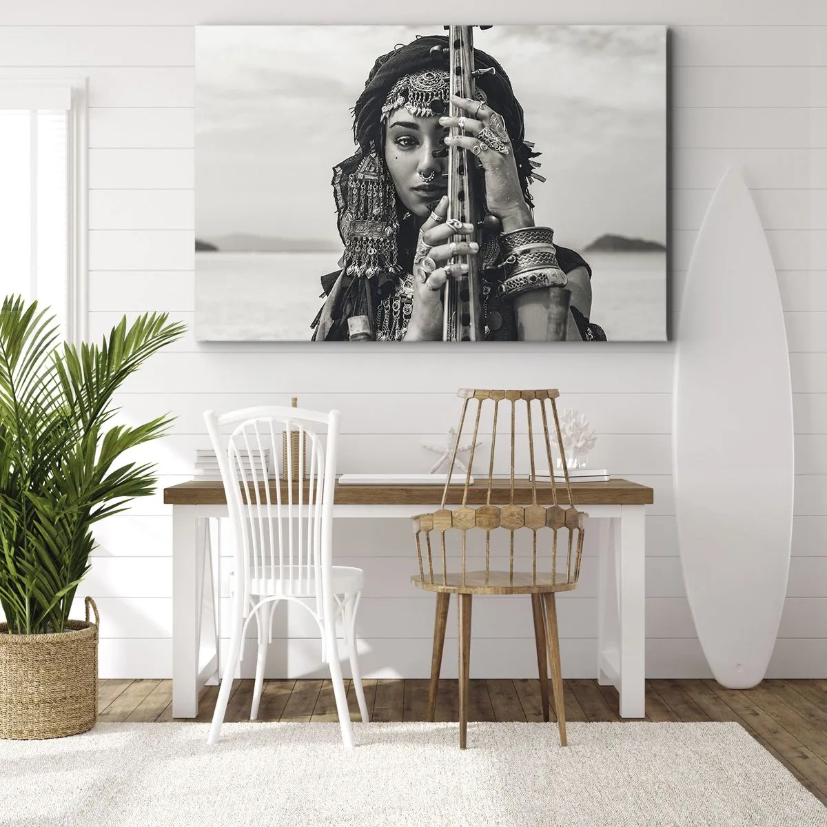 Impression sur toile - Image sur toile - Portrait d'une femme en bijoux ethniques tenant un instrument à la main - 70x50cm - Musique de l'Orient elle-même - Décoration murale moderne pour le salon et la chambre ARTTOR