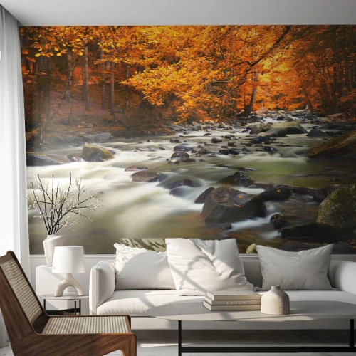Papier Peint Photo Premium Canvas - Un ruisseau dans une forêt dorée - Paysage, Forêt, Ruisseau de montagne - 250x175 cm