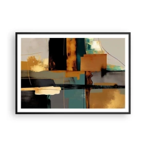 Affiche dans un cadre noir - Poster - Composition abstraite avec des éléments dorés et turquoise - 100x70cm - Abstraction – lumière et ombre - Décoration murale moderne pour le salon et la chambre ARTTOR