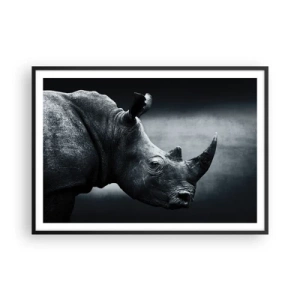 Affiche dans un cadre noir - Poster - Portrait noir et blanc d'un rhinocéros sur fond sombre - 100x70cm - Le profil droit - Décoration murale moderne pour le salon et la chambre ARTTOR