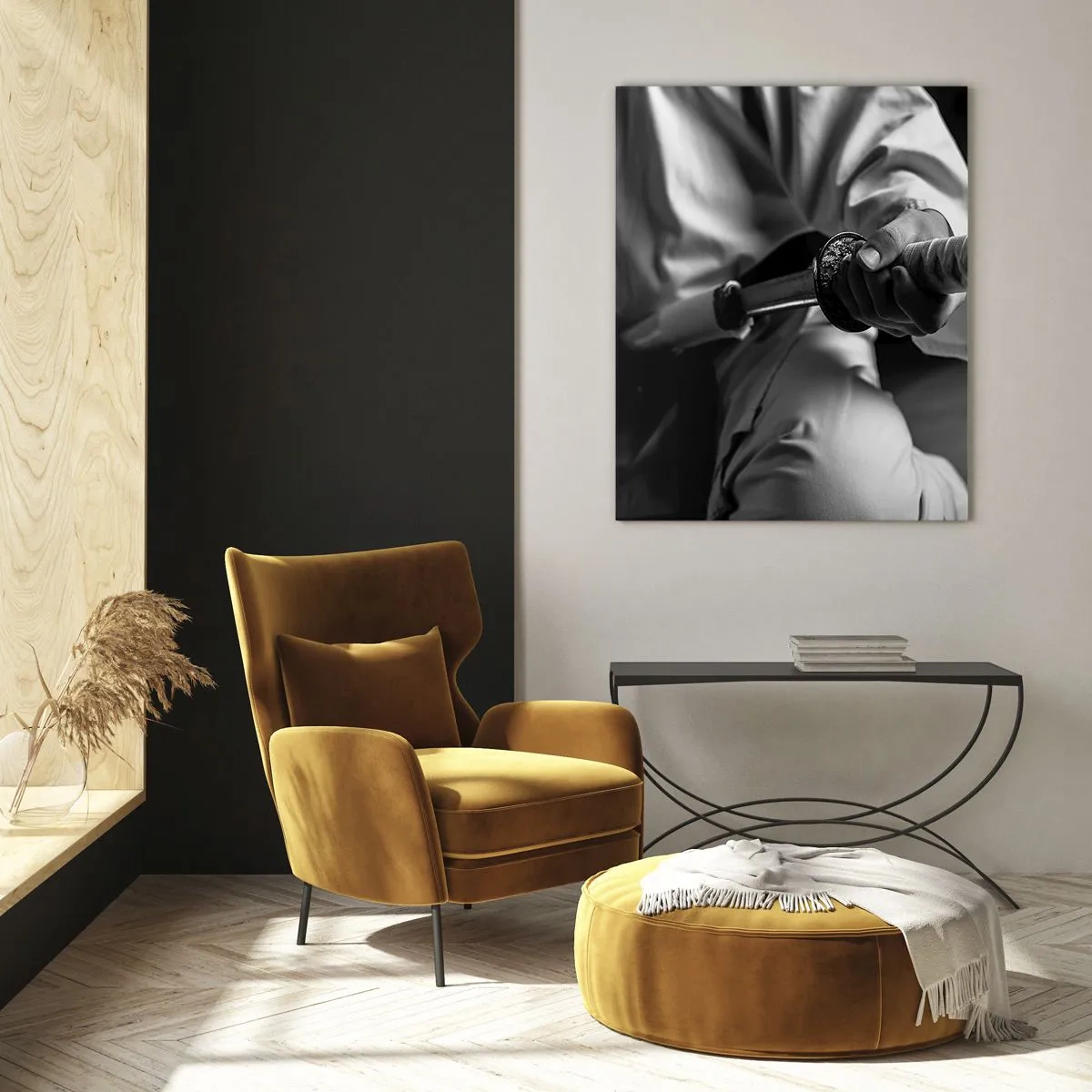 Impression sur verre - Image sur verre - Une figure en kimono tenant une épée, composition en noir et blanc - 50x70cm - Âme de guerrier - Décoration murale moderne pour le salon et la chambre ARTTOR