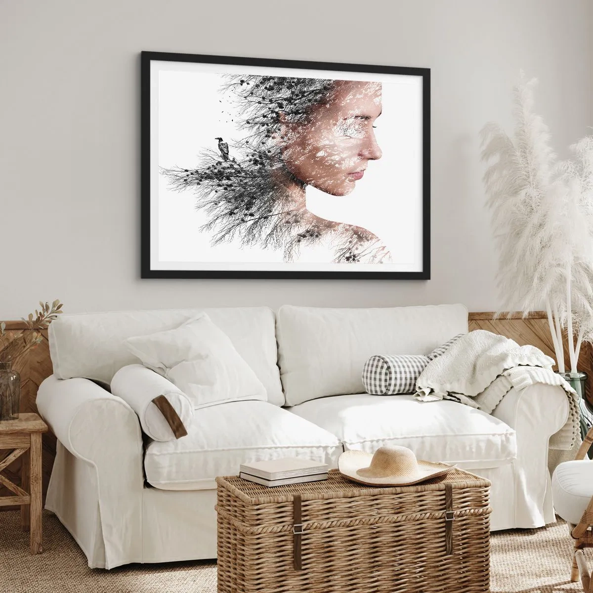 Affiche dans un cadre noir - Poster - Silhouette d'une femme avec un motif de branche et d'oiseau en arrière-plan - 70x50cm - L'âme de la forêt - Décoration murale moderne pour le salon et la chambre ARTTOR