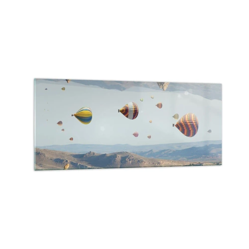 Impression sur verre - Image sur verre - Ballons colorés au-dessus d'un paysage rocheux - 120x50cm - Ici, tout est possible - Décoration murale moderne pour le salon et la chambre ARTTOR