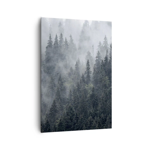 Impression sur toile - Image sur toile - Forêt de conifères brumeuse aux tons gris et verts - 70x100cm - Aube de la forêt - Décoration murale moderne pour le salon et la chambre ARTTOR