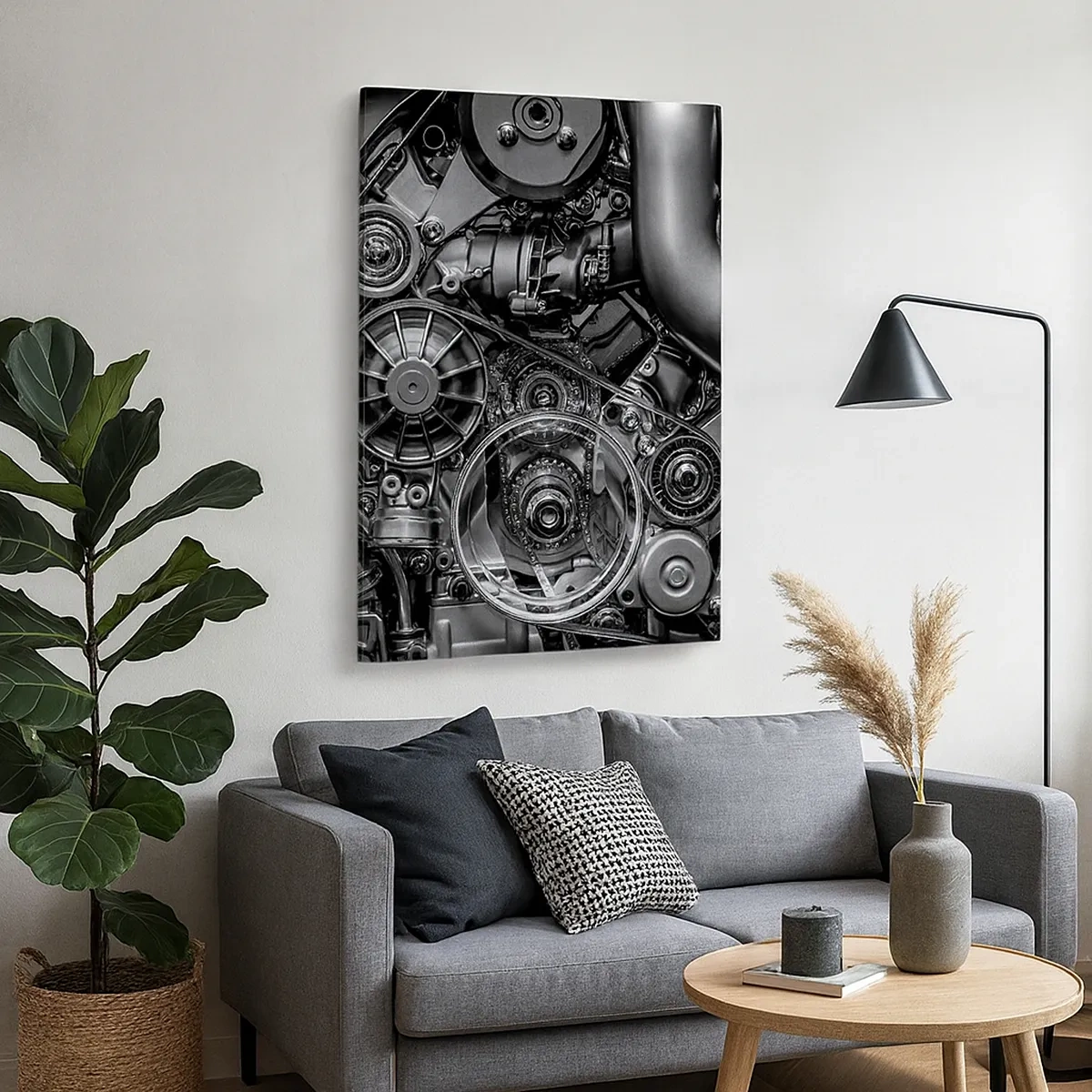 Impression sur toile - Image sur toile - Gros plan noir et blanc des détails mécaniques d'un moteur de voiture. - 50x70cm - Poésie mécanique - Décoration murale moderne pour le salon et la chambre ARTTOR
