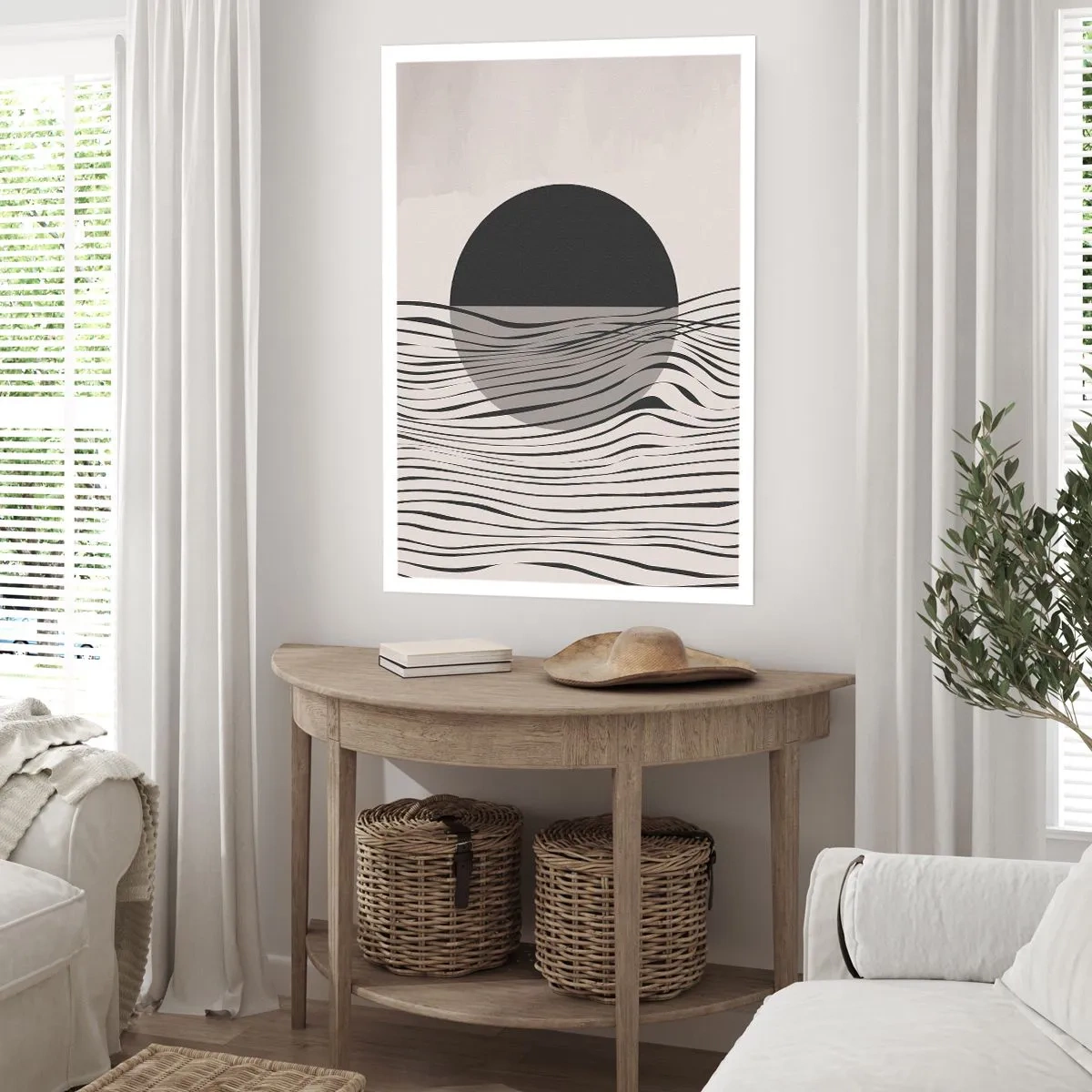 Affiche - Poster - Coucher de soleil abstrait avec des lignes de vagues - 50x70cm - Demi composition - Décoration murale moderne pour le salon et la chambre ARTTOR