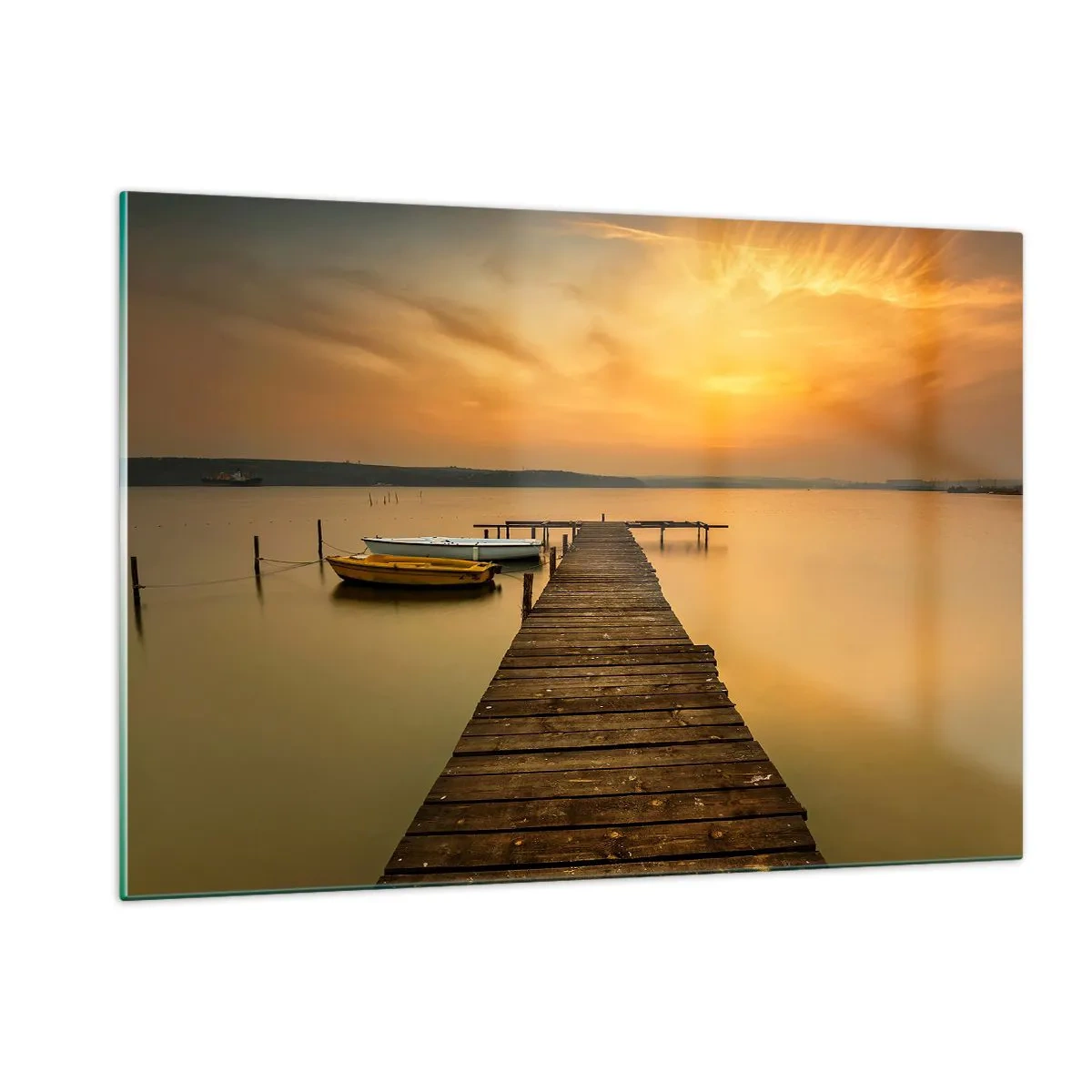 Impression sur verre - Image sur verre - Jetée sur le lac au coucher du soleil avec un bateau - 120x80cm - Je t'ouvrirai le ciel d'or - Décoration murale moderne pour le salon et la chambre ARTTOR