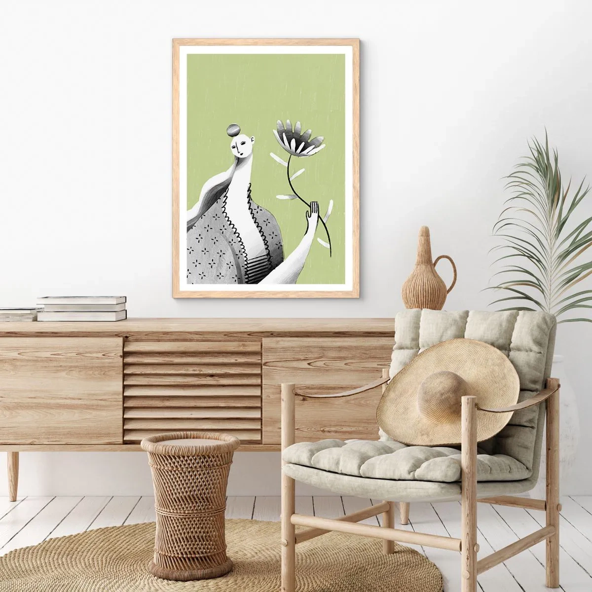 Affiche dans un chêne clair - Poster - Portrait moderniste – tenant une fleur - 40x50 cm
