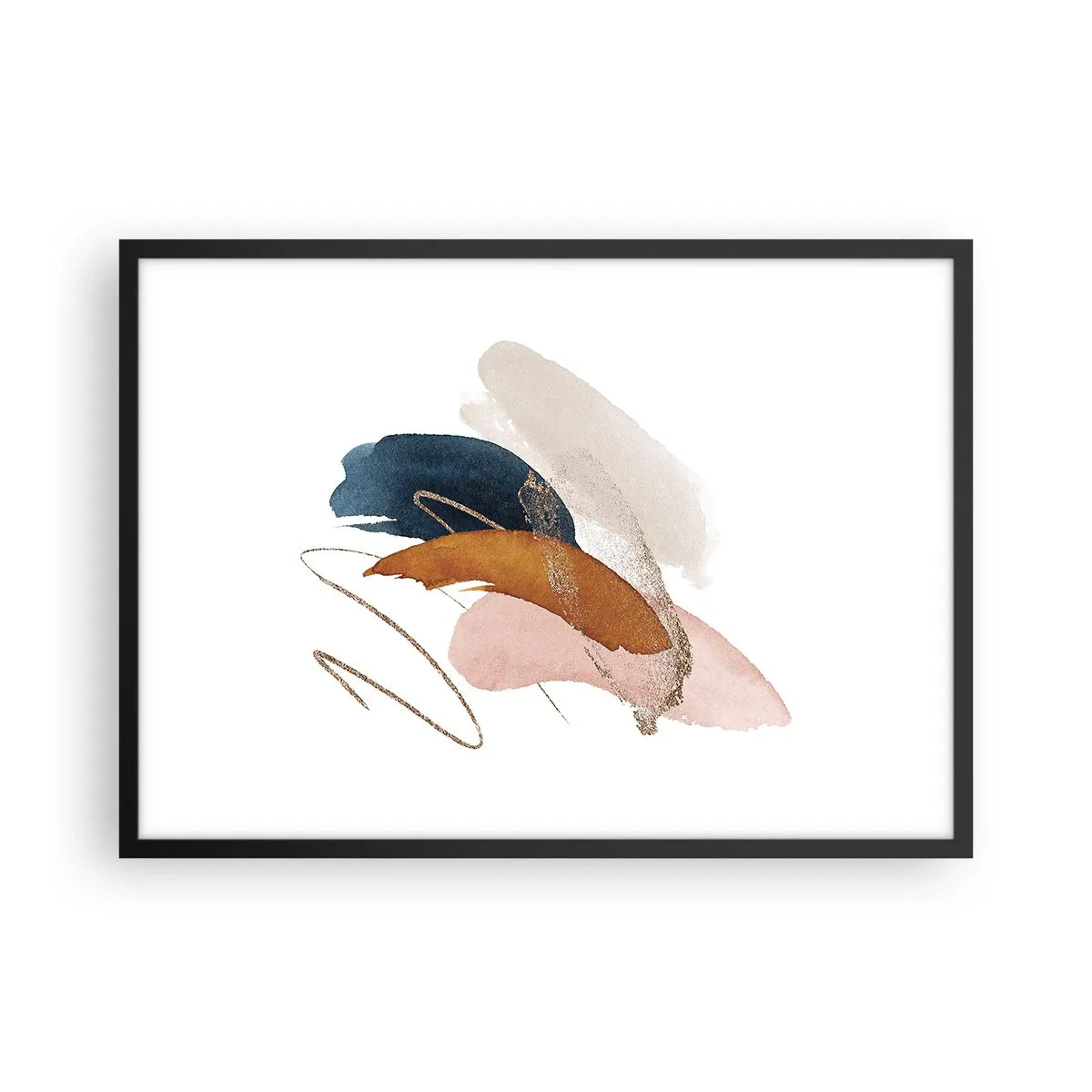Affiche dans un cadre noir - Poster - Traits abstraits aux couleurs pastel avec des accents dorés - 70x50cm - Composition ailée - Décoration murale moderne pour le salon et la chambre ARTTOR