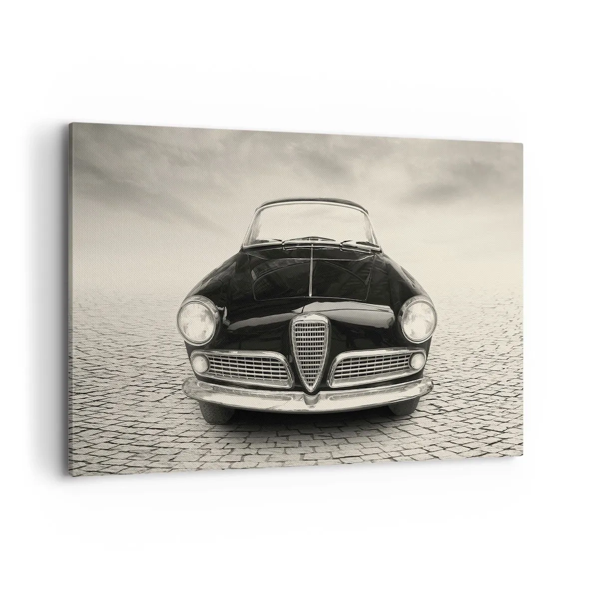 Impression sur toile - Image sur toile - Une voiture classique sur une place pavée dans un style monochrome - 120x80cm - Et alors! Tu ne m'aime pas? - Décoration murale moderne pour le salon et la chambre ARTTOR