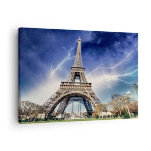 Impression sur toile - Image sur toile - La Tour Eiffel avec un ciel orageux et des éclairs en arrière-plan - 70x50cm - Maître des tempêtes - Décoration murale moderne pour le salon et la chambre ARTTOR
