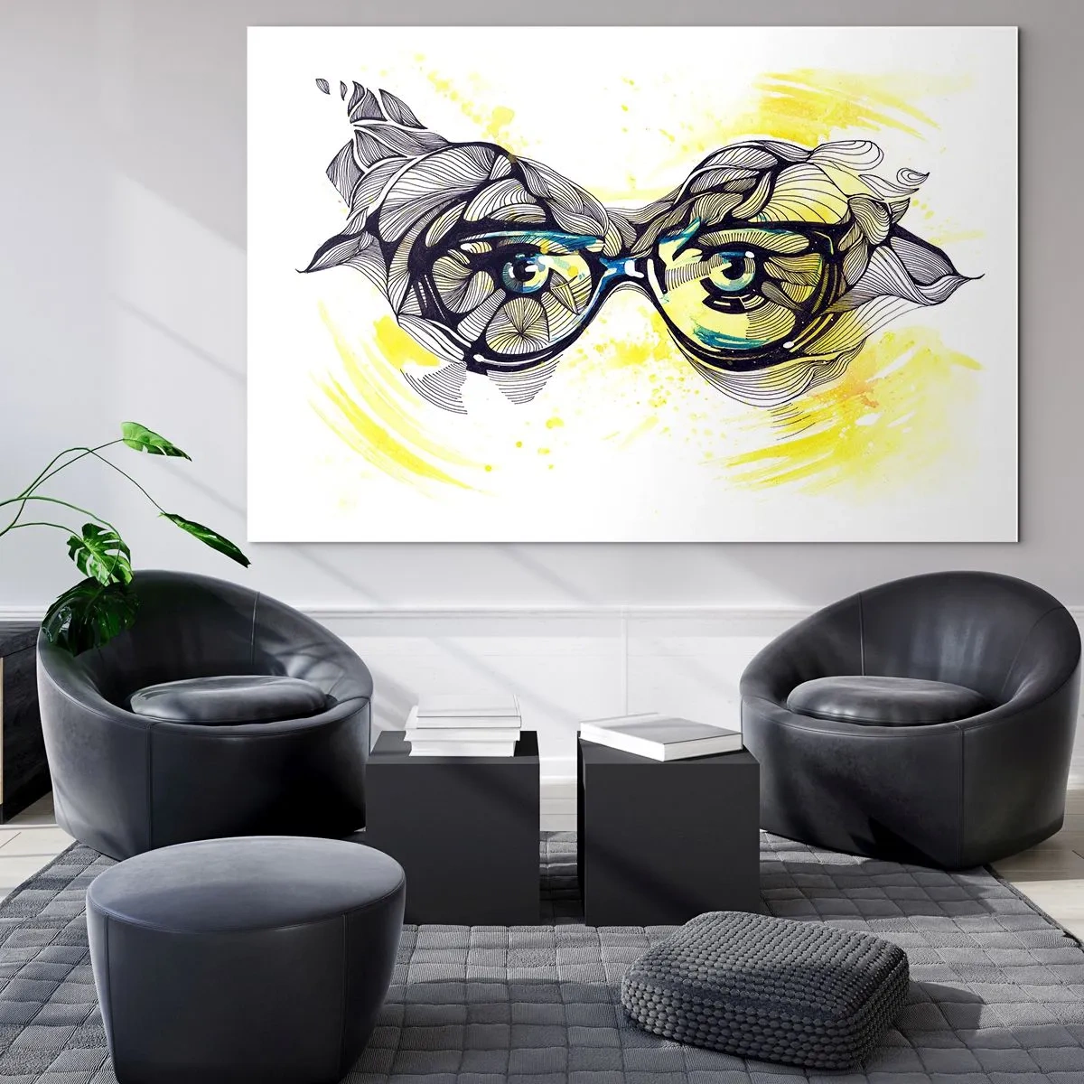 Impression sur verre - Image sur verre - Lunettes avec motifs artistiques et yeux sur fond jaune - 100x70cm - À travers des lunettes bleues - Décoration murale moderne pour le salon et la chambre ARTTOR