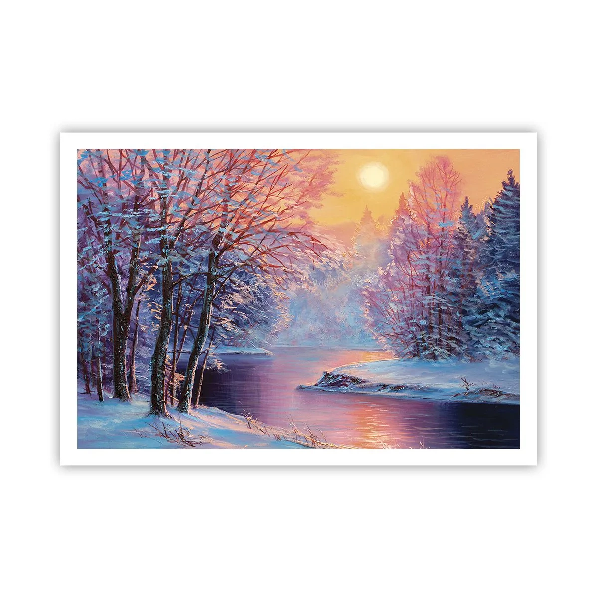 Affiche - Poster - Paysage d'hiver avec rivière et arbres au lever du soleil - 100x70cm - Couleurs d'hiver - Décoration murale moderne pour le salon et la chambre ARTTOR