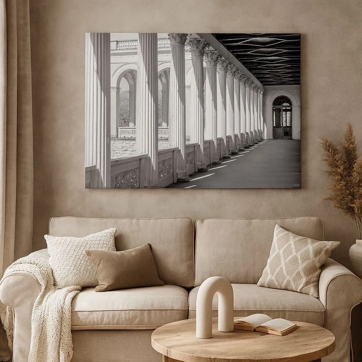 Impression sur toile - Image sur toile - Colonnade de style classique en noir et blanc - 70x50cm - Arcade ensoleillée - Décoration murale moderne pour le salon et la chambre ARTTOR