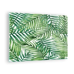 Impression sur verre - Image sur verre - Feuilles de palmier vertes sur fond blanc créant un motif géométrique - 70x50cm - Sous la canopée verte - Décoration murale moderne pour le salon et la chambre ARTTOR