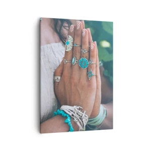 Impression sur toile - Image sur toile - Mains décorées de bijoux bohèmes - 50x70cm - Bienvenue au centre du bien-être - Décoration murale moderne pour le salon et la chambre ARTTOR