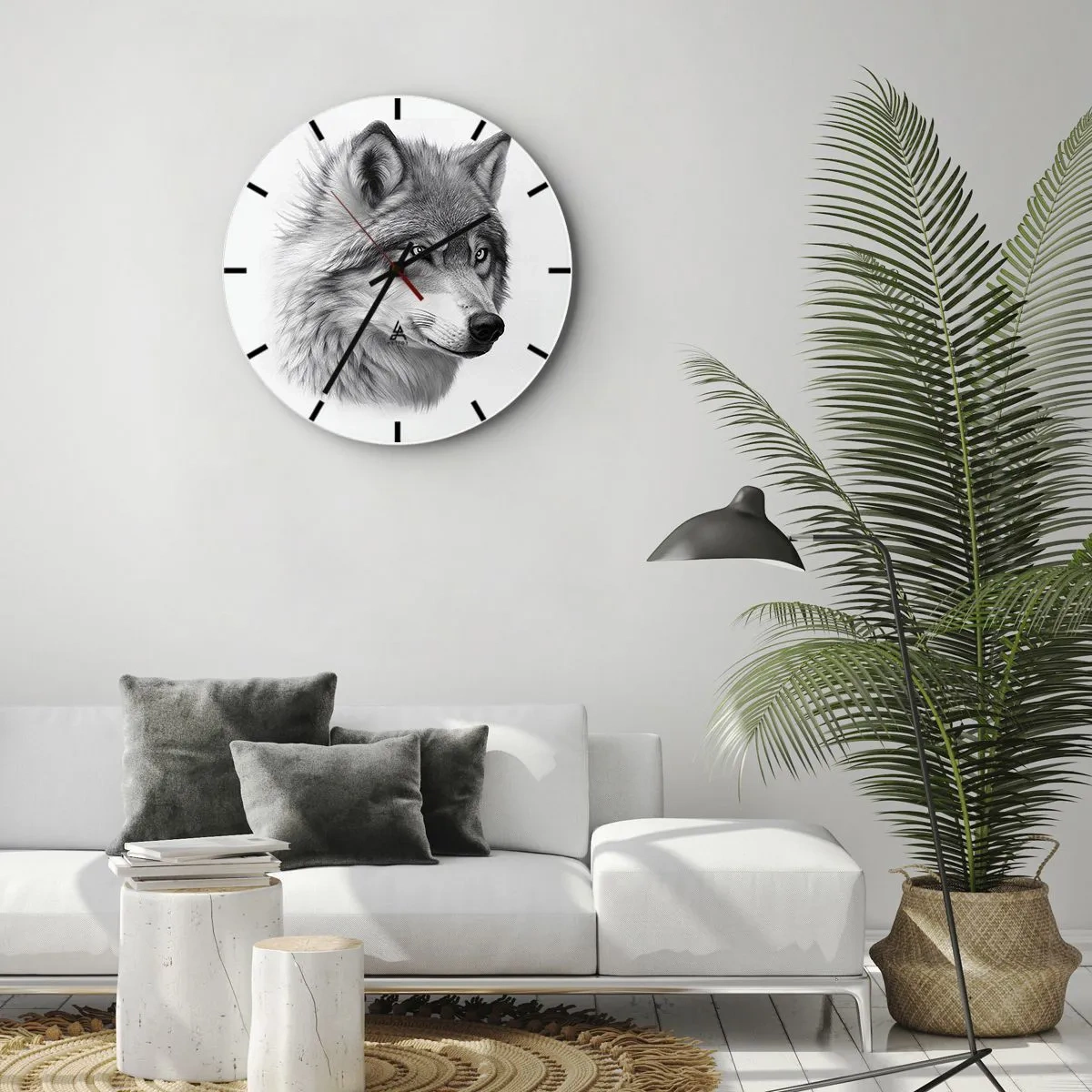 Horloge murale - Pendule murale - Portrait en noir et blanc d'un loup au regard perçant. - 30x30cm - Alpha – sans aucun doute - Décoration murale moderne pour le salon, la cuisine et la chambre ARTTOR