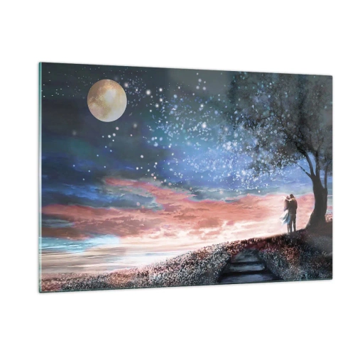 Impression sur verre - Image sur verre - Un couple amoureux sous un arbre avec la lune et les étoiles - 120x80cm - Spectacle étoilé - Décoration murale moderne pour le salon et la chambre ARTTOR
