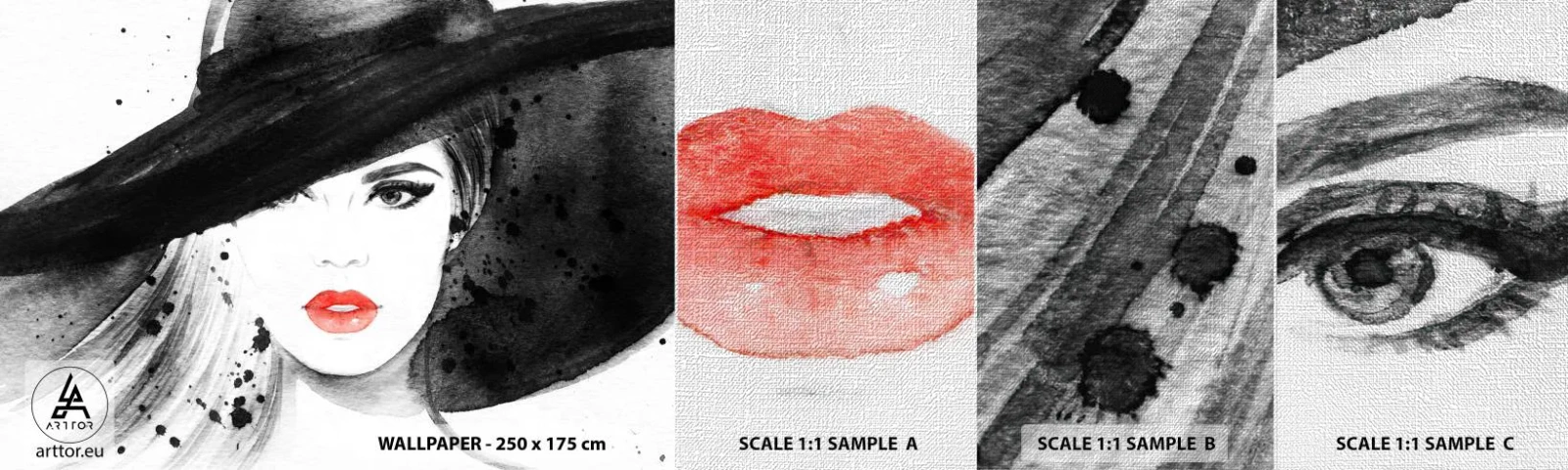 Échantillon de Papier Peint Premium Canvas - Dame en noir - Femme, Visage de femme, Portrait d'une femme - 100x30 cm