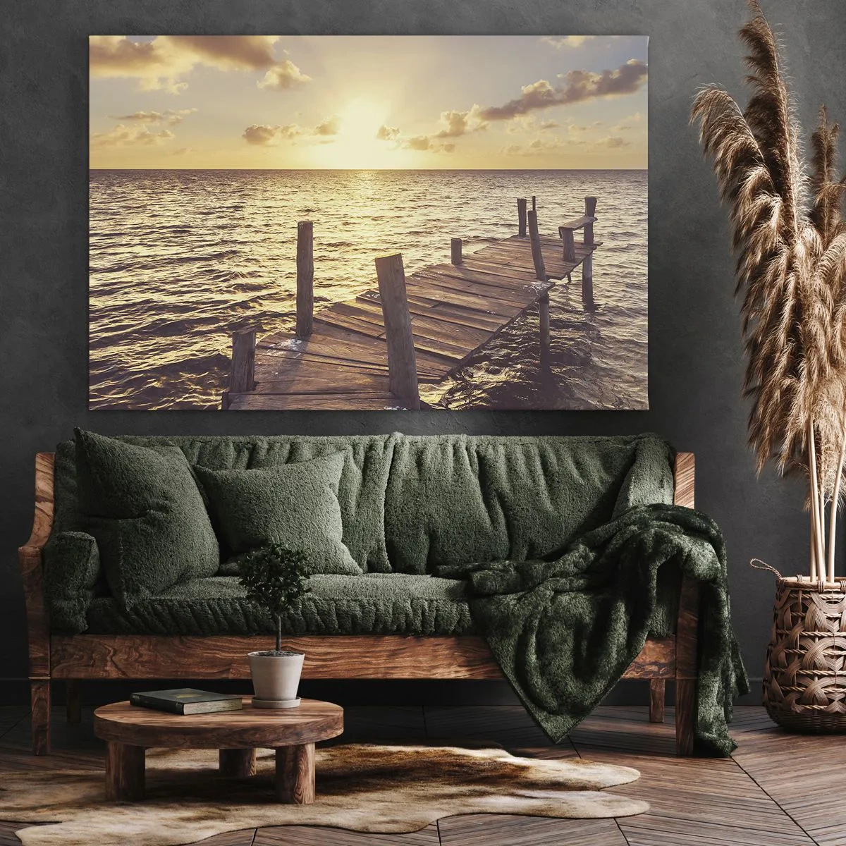 Impression sur toile - Image sur toile - Une jetée en bois menant vers le coucher du soleil - 120x80cm - La terre d'or de la douceur - Décoration murale moderne pour le salon et la chambre ARTTOR