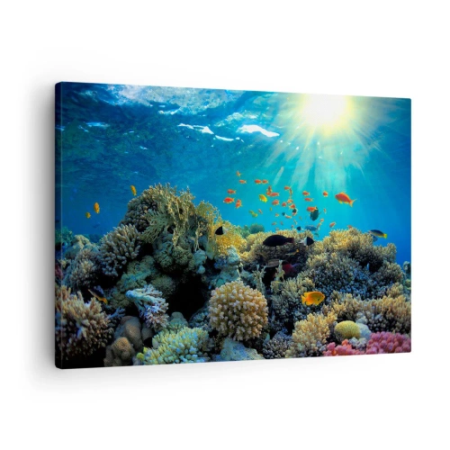 Impression sur toile - Image sur toile - Récif corallien avec des poissons sous les rayons du soleil sous l'eau - 70x50cm - Trésor sous-marin - Décoration murale moderne pour le salon et la chambre ARTTOR