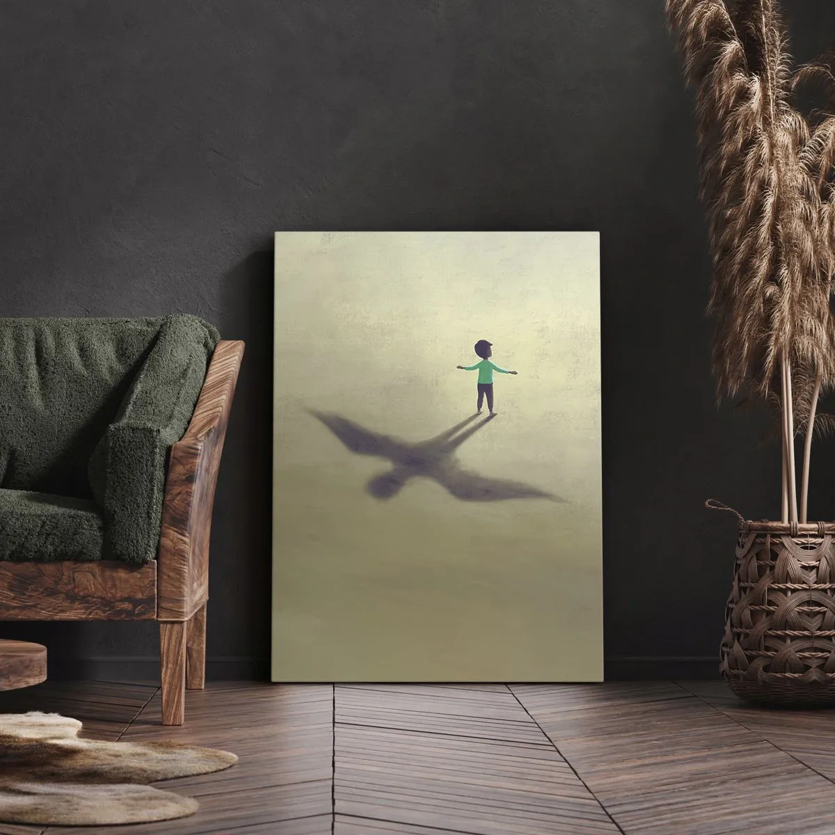 Impression sur toile - Image sur toile - Une figure symbolique d'un enfant avec l'ombre d'un oiseau sur un fond aux tons chauds. - 50x70cm - Héros du futur - Décoration murale moderne pour le salon et la chambre ARTTOR