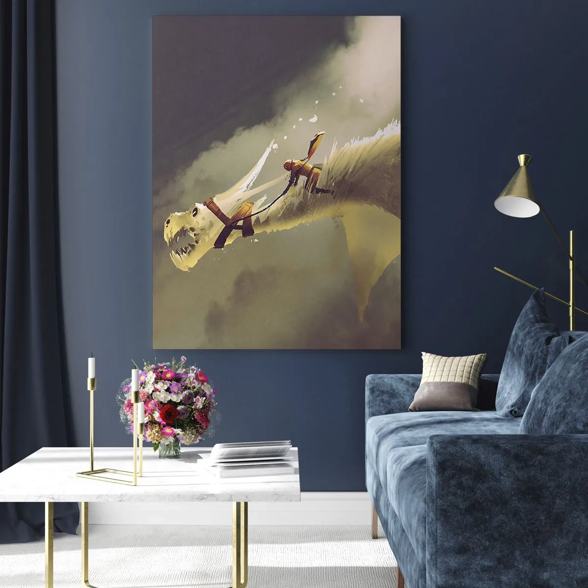 Impression sur verre - Image sur verre - Illustration d'un cavalier de dragon dans un paysage nuageux fantastique - 80x120cm - Le monde à la rescousse - Décoration murale moderne pour le salon et la chambre ARTTOR