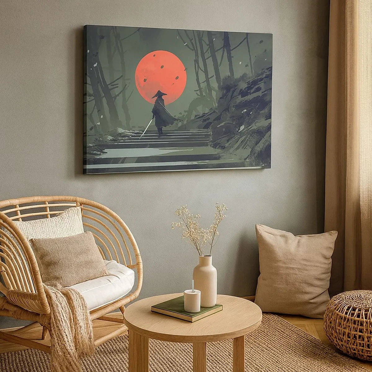 Impression sur toile - Image sur toile - Un guerrier solitaire avec une épée sur fond de lune rouge dans une forêt sombre. - 70x50cm - Guerrier de la lune rouge - Décoration murale moderne pour le salon et la chambre ARTTOR