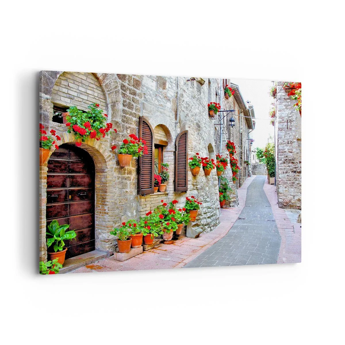 Impression sur toile - Image sur toile - Une rue étroite avec des bâtiments en pierre décorés de pots de fleurs - 100x70cm - Ambiance italienne - Décoration murale moderne pour le salon et la chambre ARTTOR